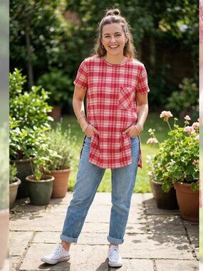 Zara Trafaluc Red & White Plaid Tunic Top with Pocket